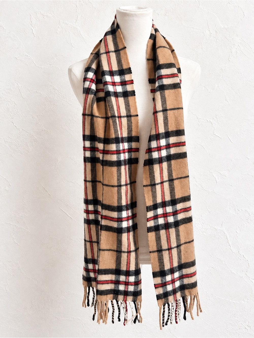 Vintage Johnson’s 100% Wool Plaid Scarf Made in Scotland | Camel Tartan Fringe
